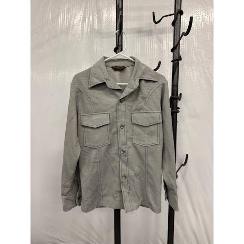 Vintage 70s John Blair Menswear Leisure Shirt - Light Grey - Textured Knit - L